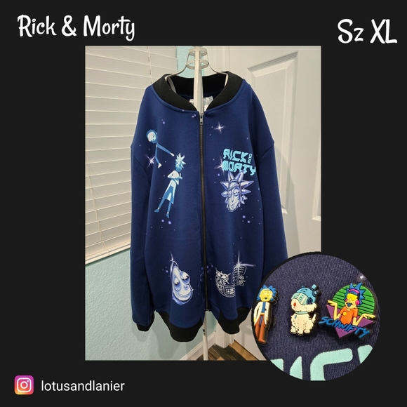 Rick & Morty Blue Graphic Zip-Up Jacket XL w/ Rick & MortyShoe Charms Set of 3